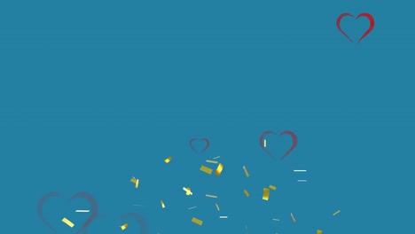 Animation-of-grey-ribbon-hearts-with-gold-confetti-falling,-on-blue-background