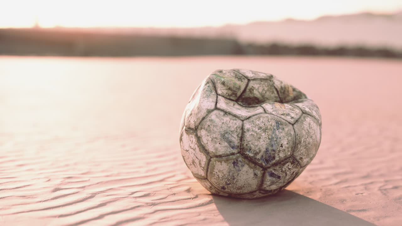 해가 지는 모래 해변 에 있는 은 공기가 빠진 축구 공