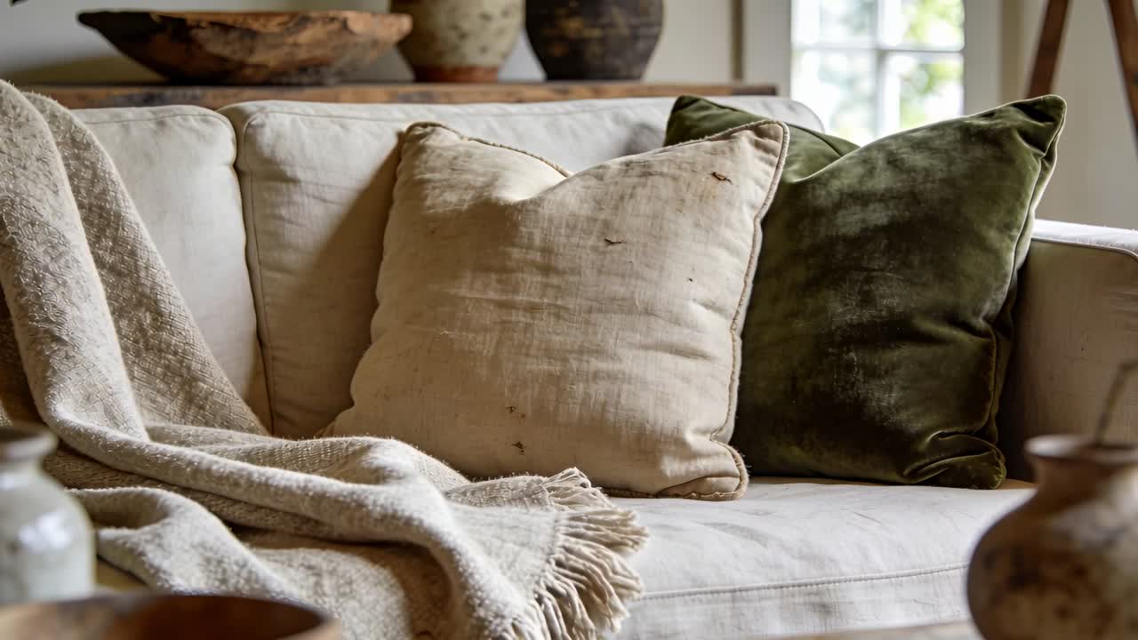 Shifting camera revealing linen and green pillows with tassel throw in living room, showing weave