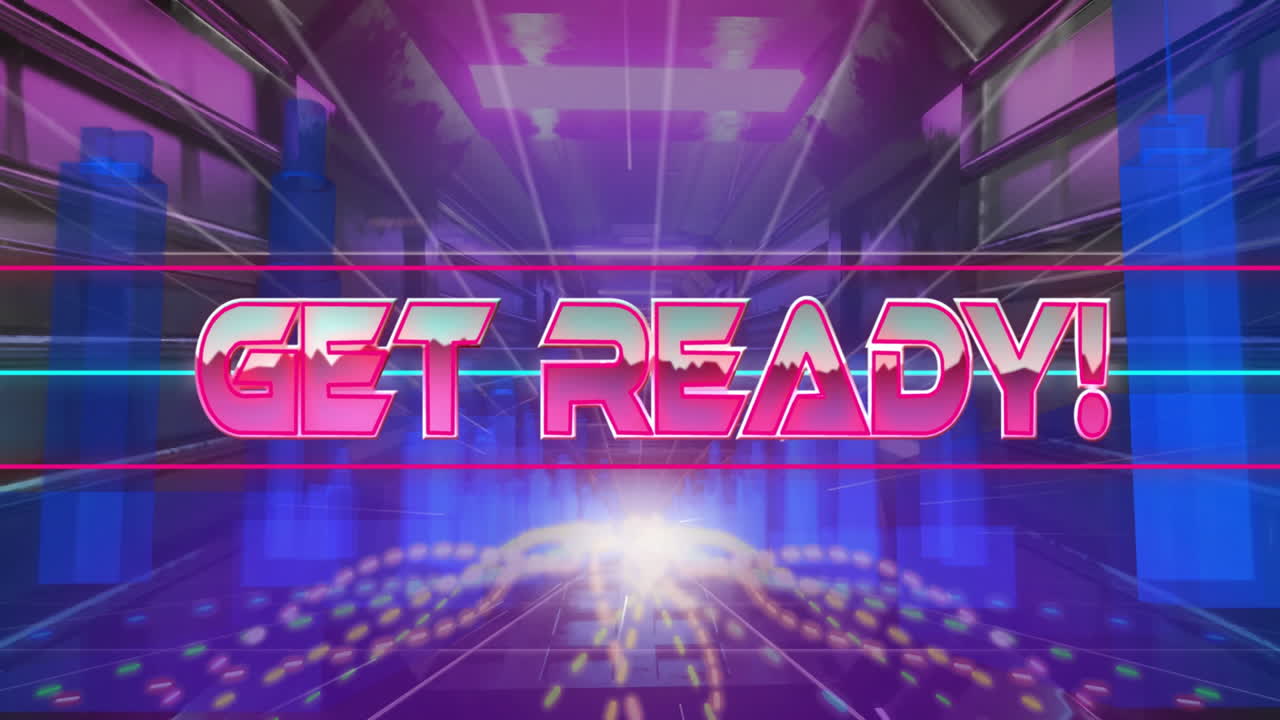 Text animation GET READY! in futuristic neon-lit corridor
