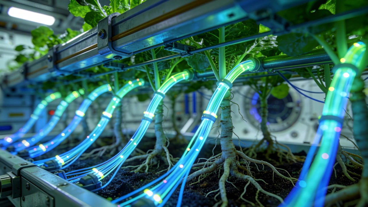 System starting pulsing lights via tubes along rooted plants in module, shifting cyan-purple tones