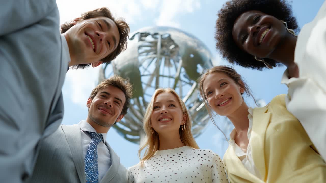 Diverse group of people smiling together in an urban setting