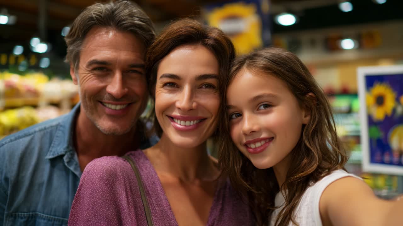 Et glædeligt familiebillede, der fanger de dyrebare øjeblikke i et livligt supermarked, og viser de kærlige bånd og den lykke, der deles mellem en smilende familie i en farverig og indbydende atmosfære