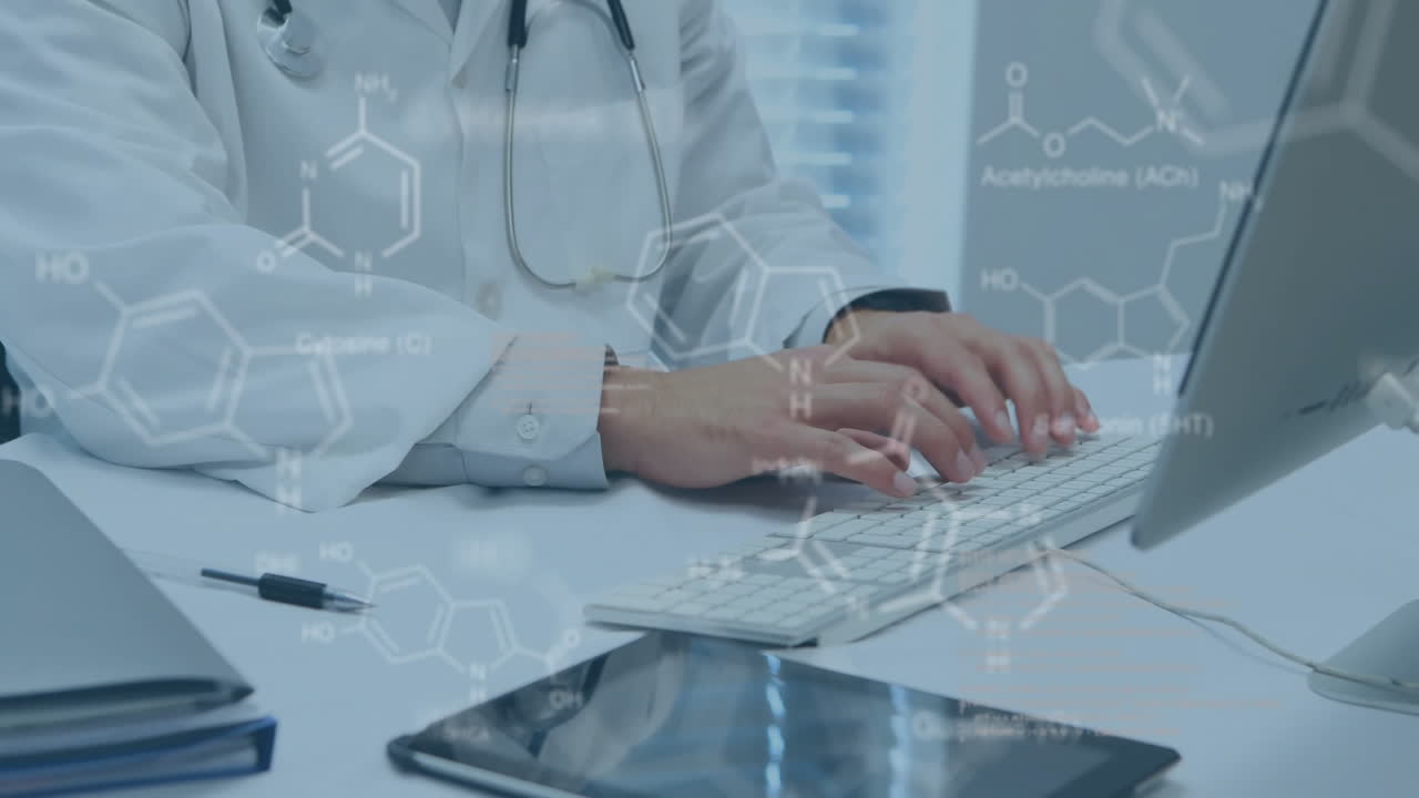 escribir en el teclado, médico con estetoscopio, fórmulas químicas animación más