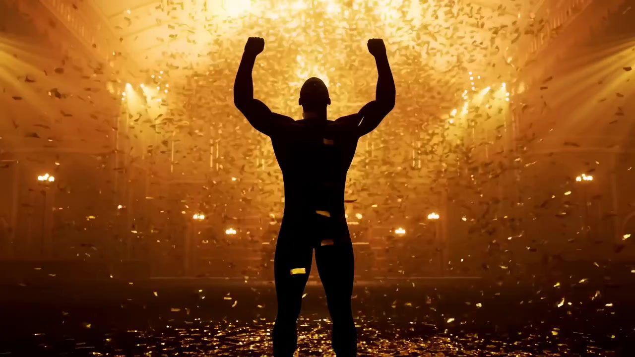 Golden confetti flutters around centered male silhouette with raised arms, while widening view reveals more of his stance, scattered floor reflections and amber light beams overhead.