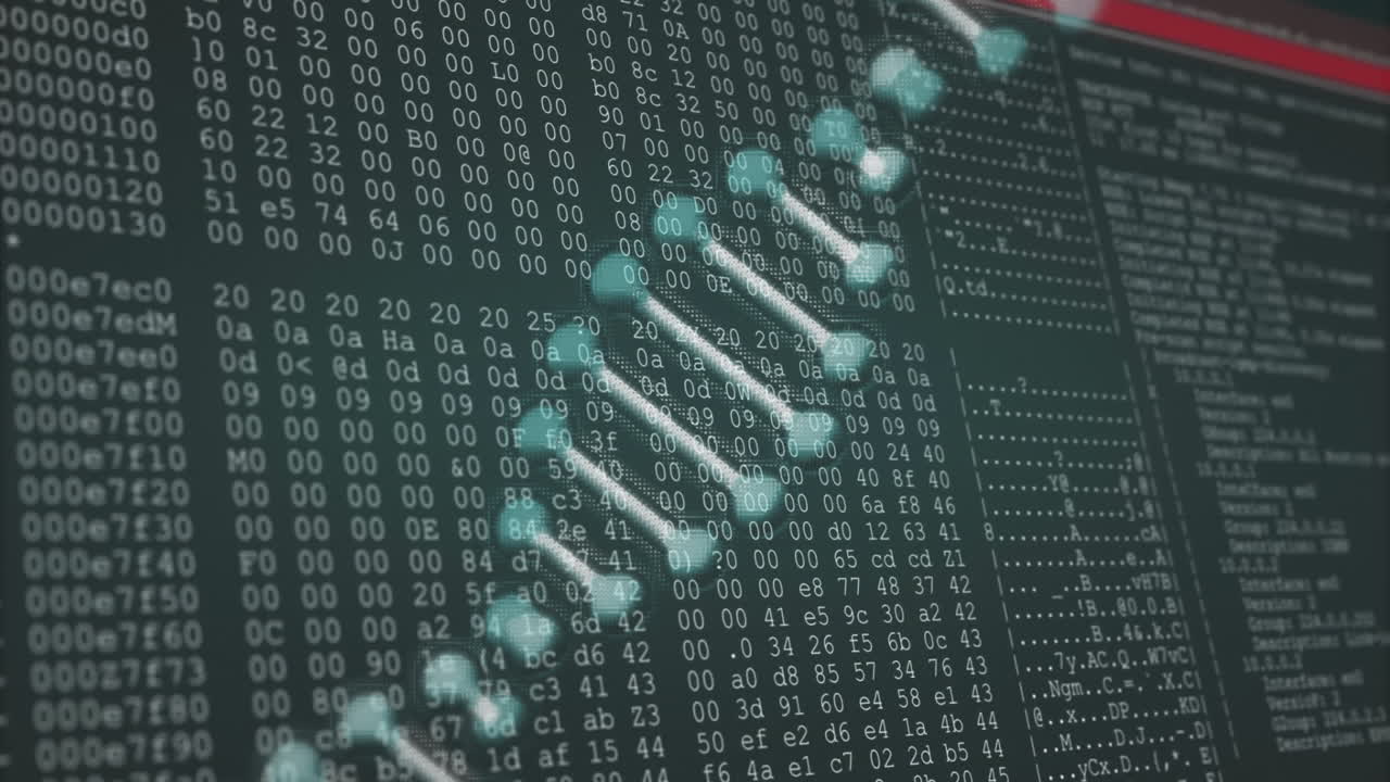 Processing scientific data, DNA strand and binary coding animation