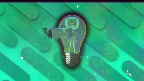 Animation-of-shapes-moving-and-lightbulb-over-green-background