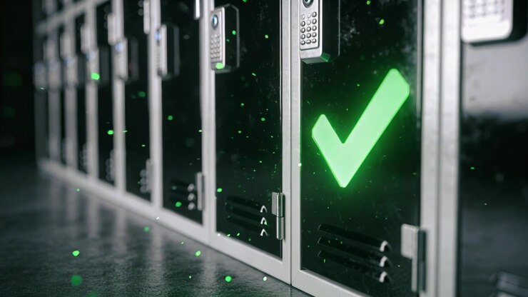Showing locker door displaying green check mark after keypad success in dim corridor, copy space