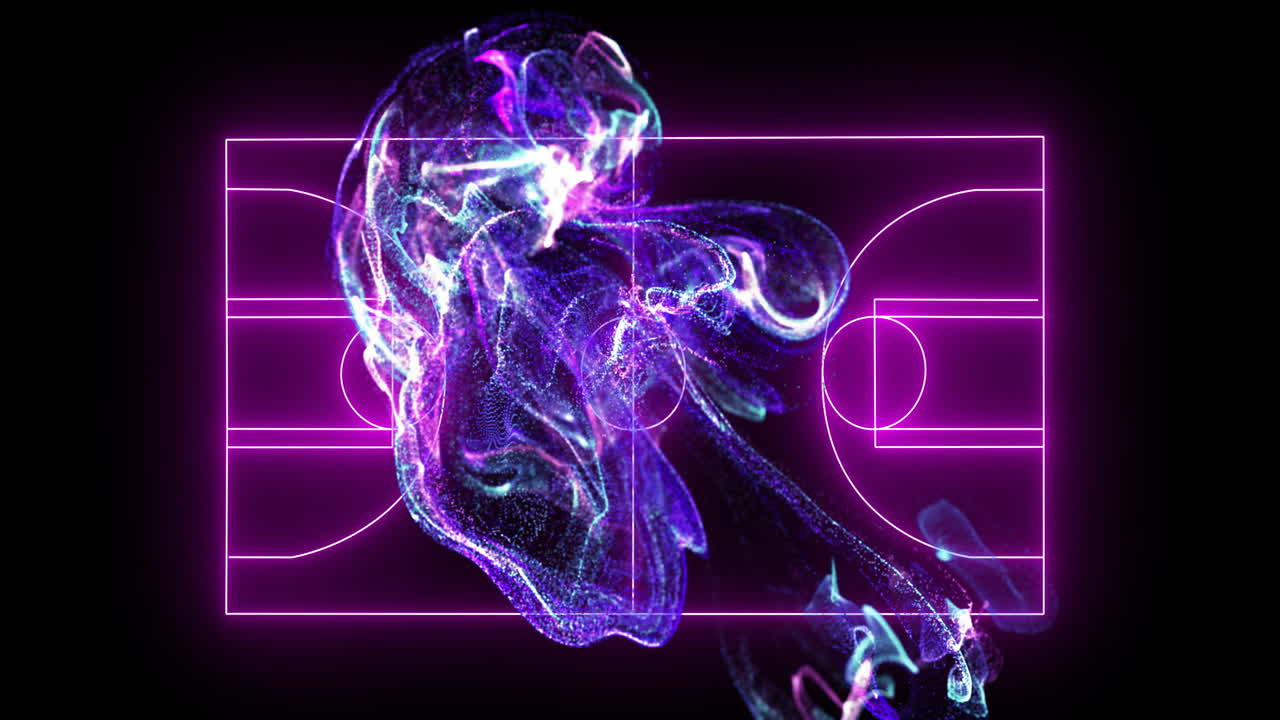 Abstract neon shapes animation over basketball court lines on black background