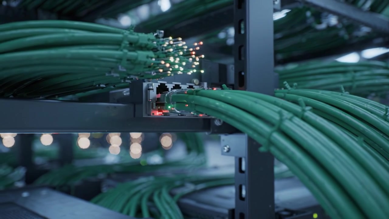 High-Tech Data Center Featuring Rows of Server Racks and Cables for Efficient Data Management and Storage in a Modern Network Infrastructure Environment