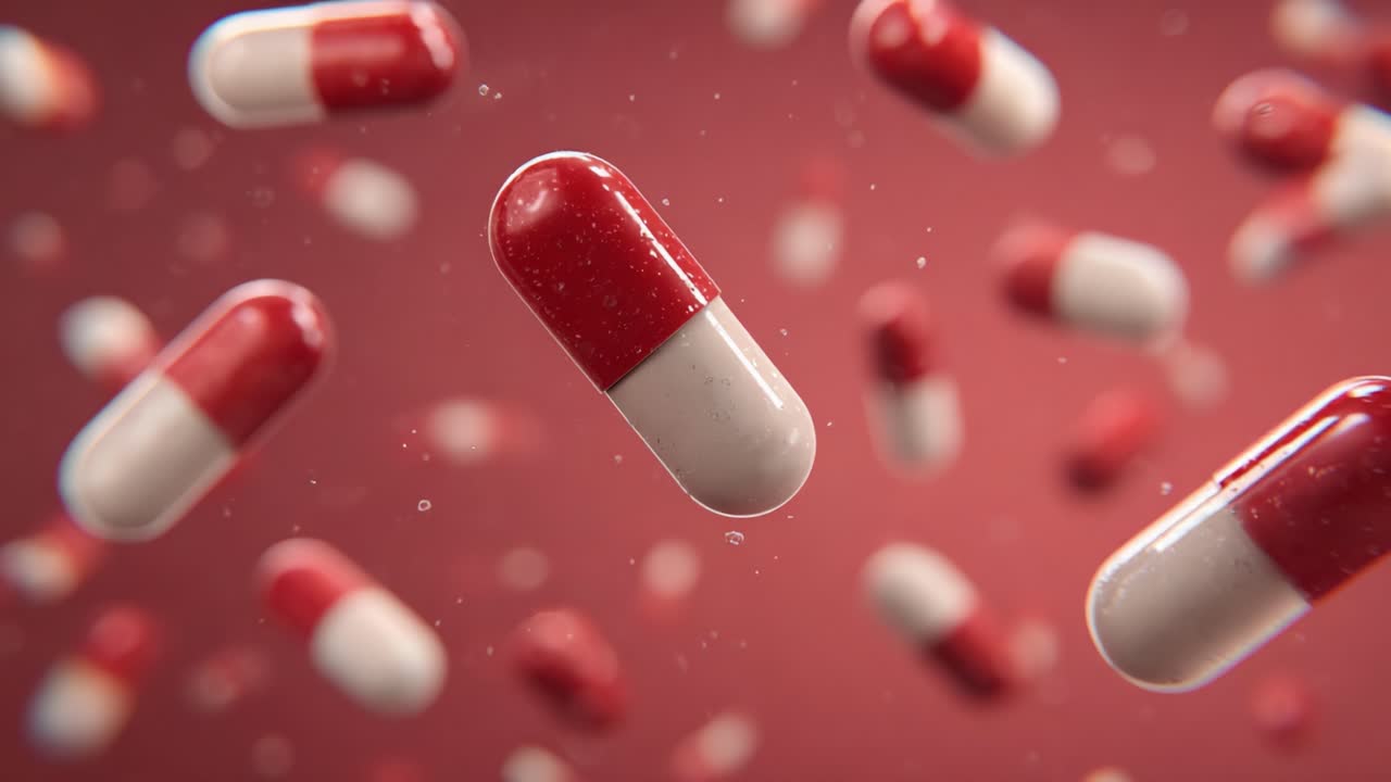 A Captivating Close-Up of Floating Red and White Capsules Against a Soft Maroon Background, Highlighting the Intricacies of Pharmaceutical Products in Stunning Detail