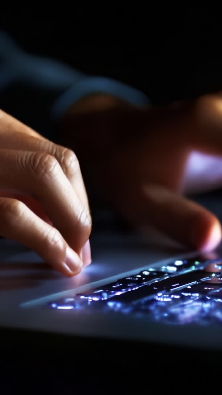 Manos iluminadas tecleando en un teclado en un entorno oscuro, capturando los sutiles detalles de los movimientos de los dedos y el brillo de las teclas