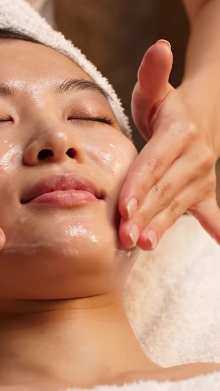 Een serene gezichtsbehandeling: Ontspanning en huidverzorging omarmend voor een stralende teint in een rustige spa-omgeving.