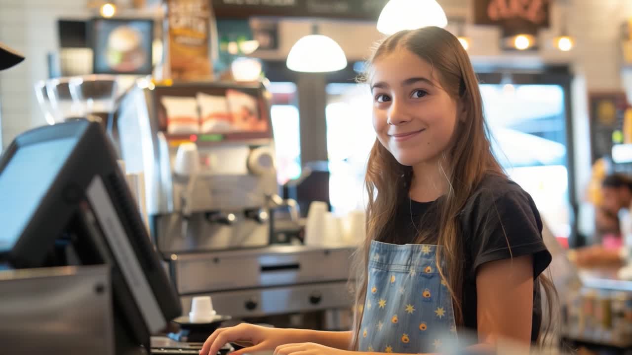Young girl working at a cafe