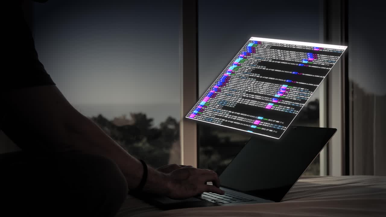 Hacker coding on a laptop with floating transparent code screen
