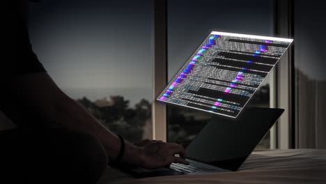 hacker codificación en una computadora portátil con pantalla de código transparente flotante