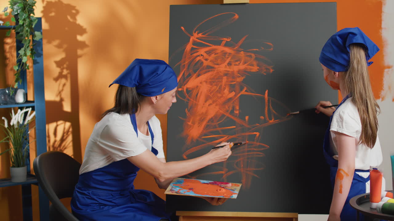 Woman and child painting on canvas in art studio