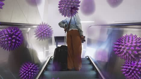 Animation-of-macro-coronavirus-Covid-19-cells-spreading-over-a-woman-on-an-escalator