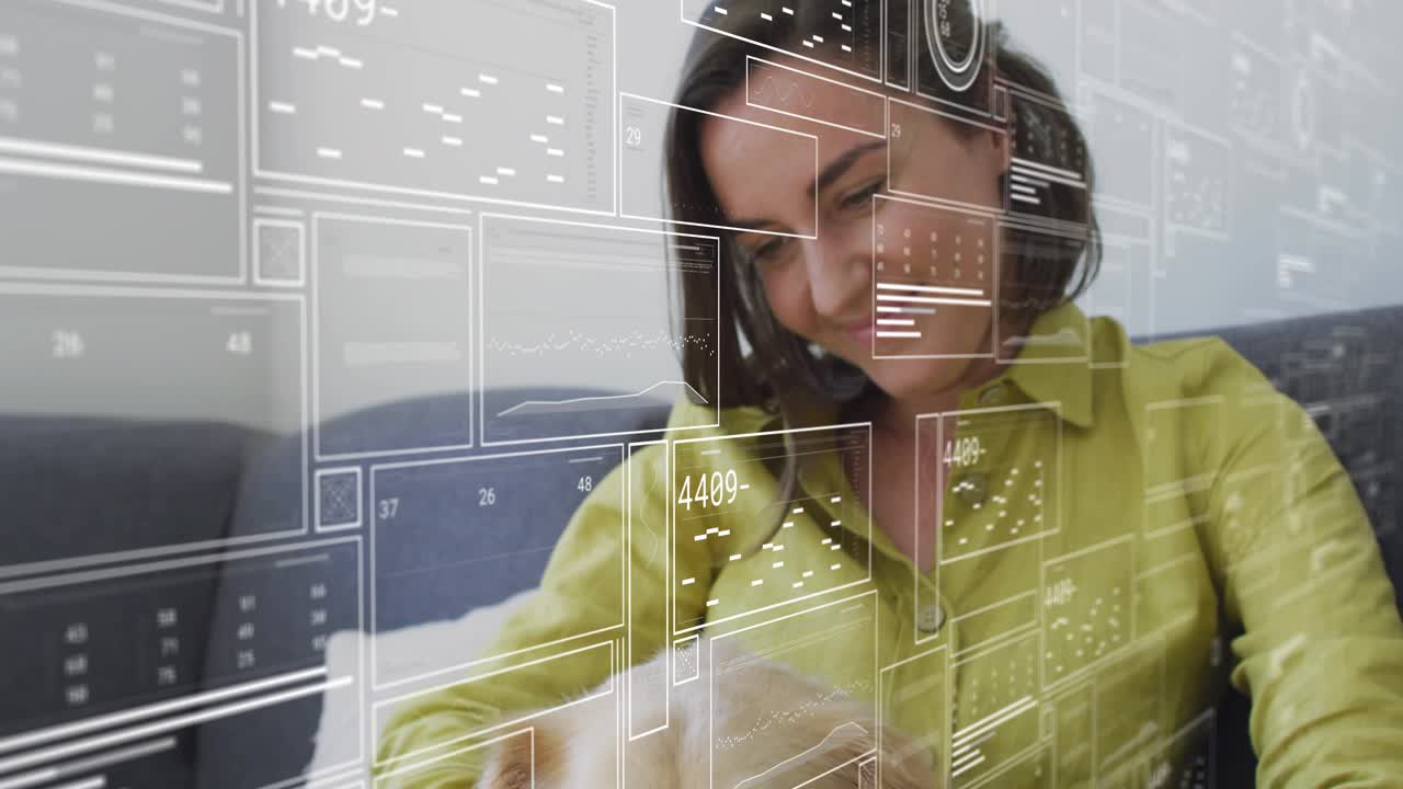 Woman holding golden retriever and activating holographic panels scanning dog using health tech