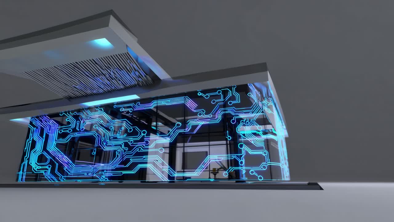 Futuristic building with circuit patterns, shot from a low angle