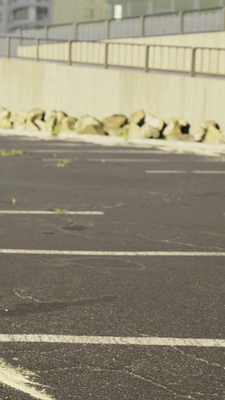 Empty parking lot with scattered leaves and distant stones near buildings