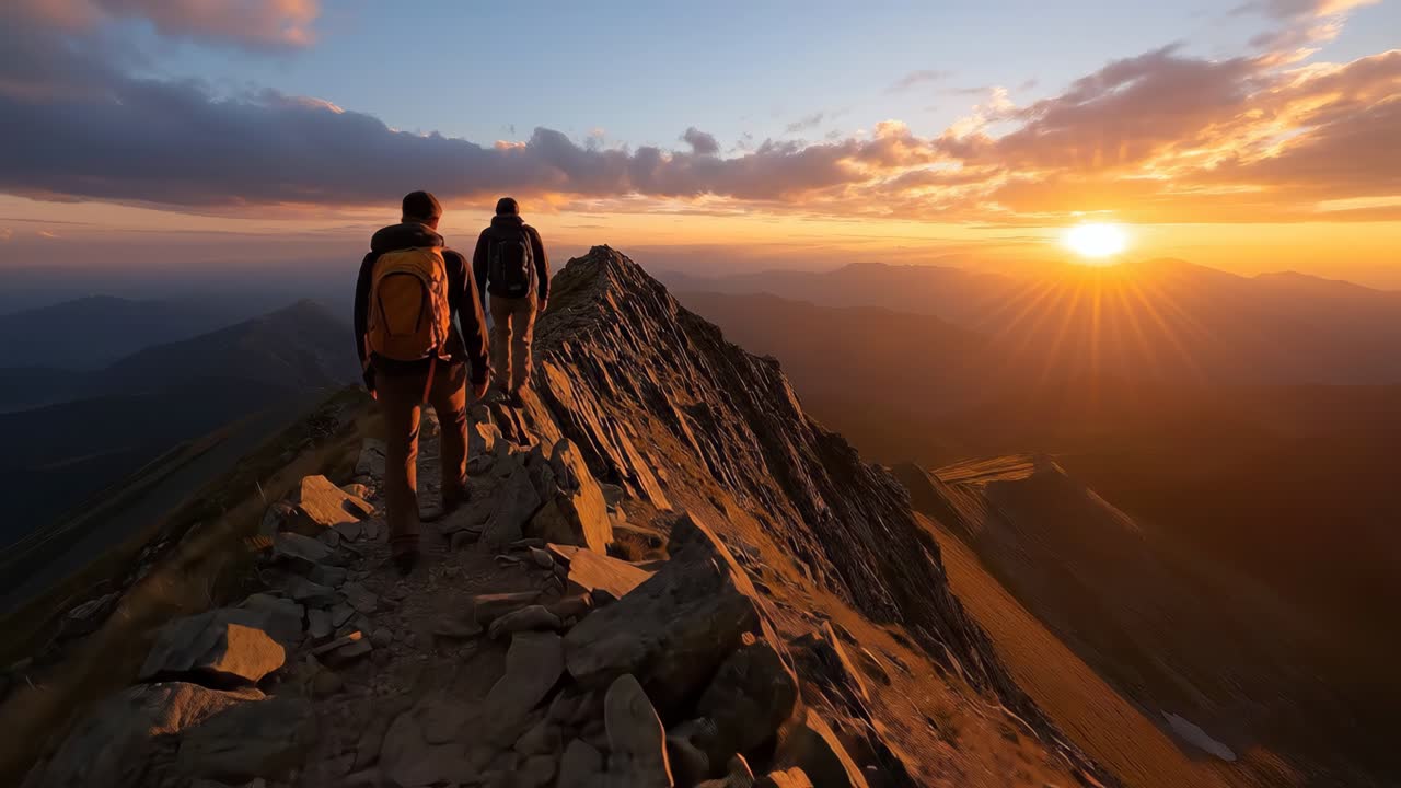 Due escursionisti che camminano lungo una cresta montuosa al tramonto