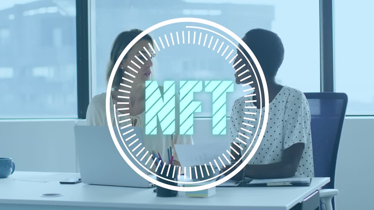 Animation of nft in circle over diverse female coworkers working in office
