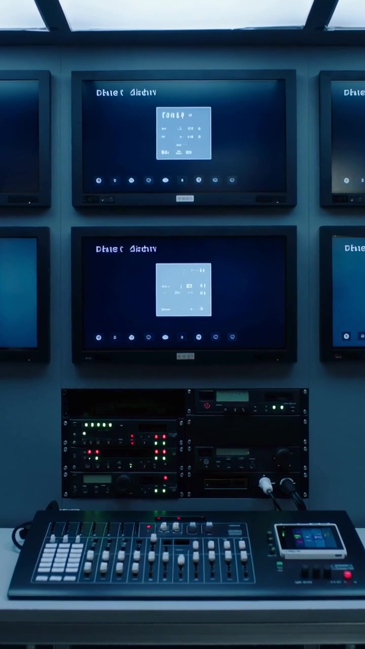 Vertical video: Remote ping starting gear cycling center screens, mixer and rack for ops in AV room