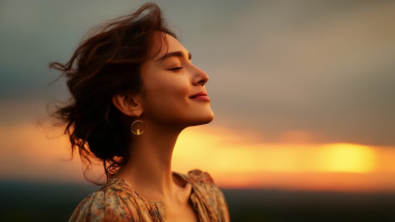 Captivating Beauty Amidst Twilight: A Serene Moment of Reflection as a Woman Embraces the Soft Glow of Sunset, Radiating Peace and Joy in Her Expression