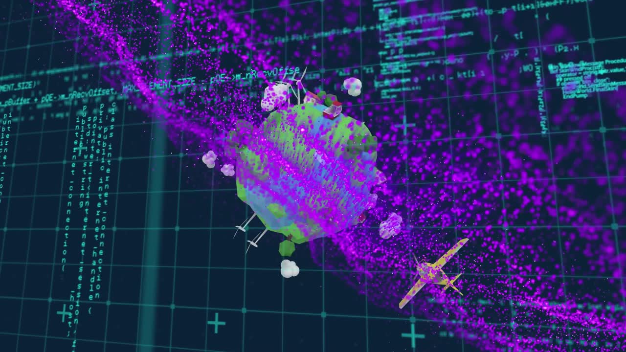 Purple digital wave and airplane over a globe icon against data processing on blue background