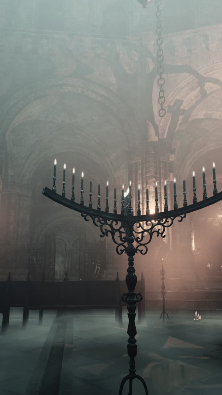 un gran candelabro con velas en una iglesia oscura y misteriosa