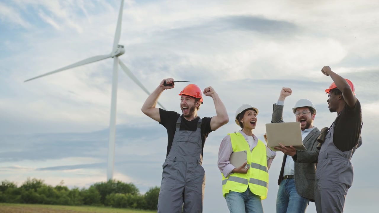 Engineers celebrate success with a laptop at wind farm under cloudy sky their achievement reflects