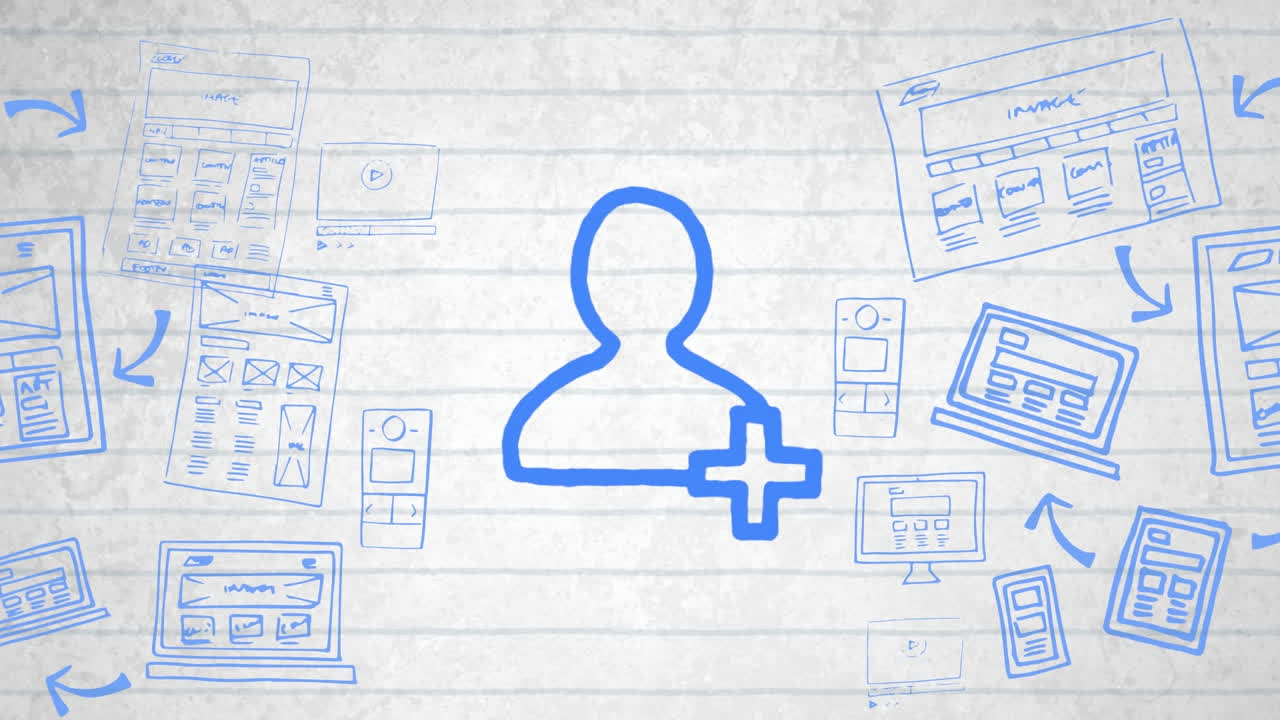 анимация синего контура людей иконка, нарисованная вручную маркером на белой линейной бумаге