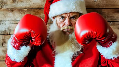 un hombre vestido como santa claus con guantes de boxeo rojos