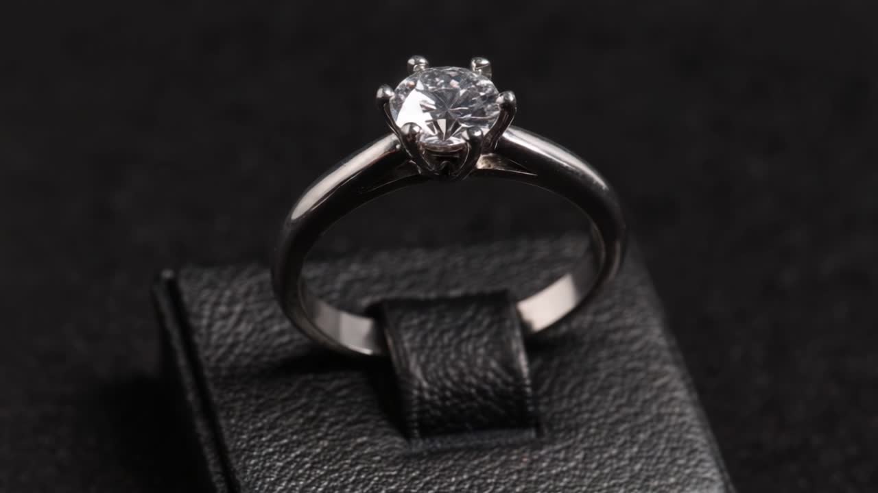 Splendido anello d'argento che mostra un brillante diamante rotondo, perfettamente presentato su un lussuoso espositore nero per gli appassionati di gioielli.