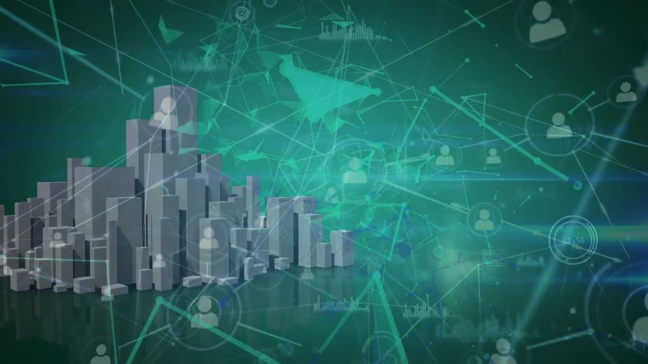 animación de la red de conexiones sobre el paisaje urbano