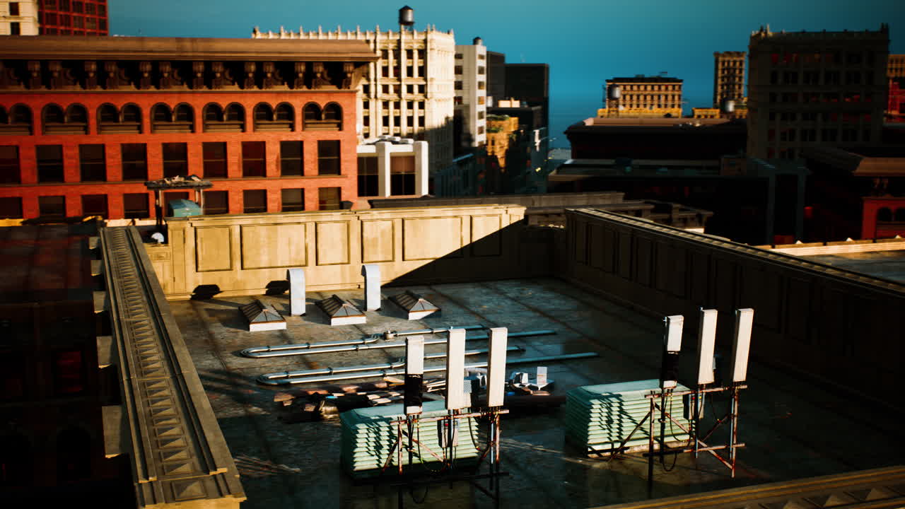 A View of a City Skyline from a Rooftop