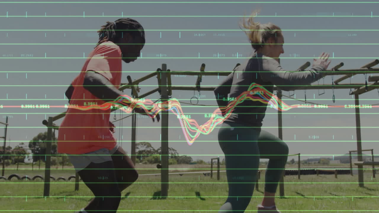 training partners performing high-knee drill outdoors, showing live fitness analytics graphs