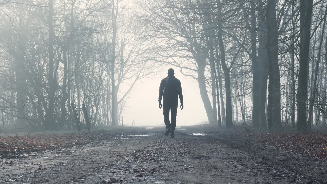 Un uomo che cammina attraverso una foresta nebbiosa