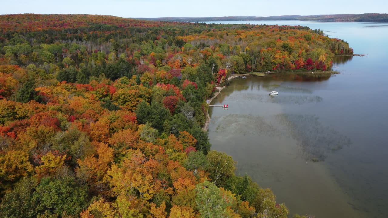 toma cinematográfica de drones del lago de roca que pasa a través del colorido follaje otoñal del parque algonquin, ontario