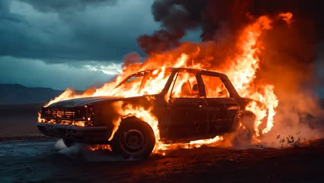 a burnt out car on fire in the middle of a desert