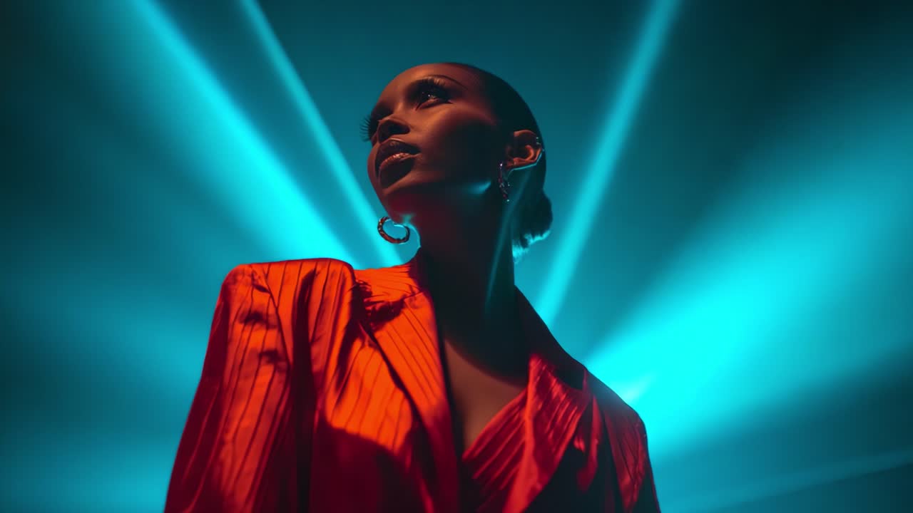 A striking portrayal of elegance and confidence, capturing a model in vibrant attire amid captivating blue and green laser lights, creating a dramatic and enchanting atmosphere for artistic expression