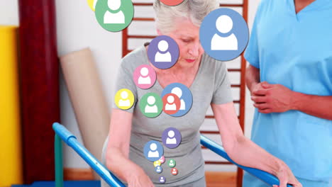 exercising with physical therapist, elderly woman with social media icons animation