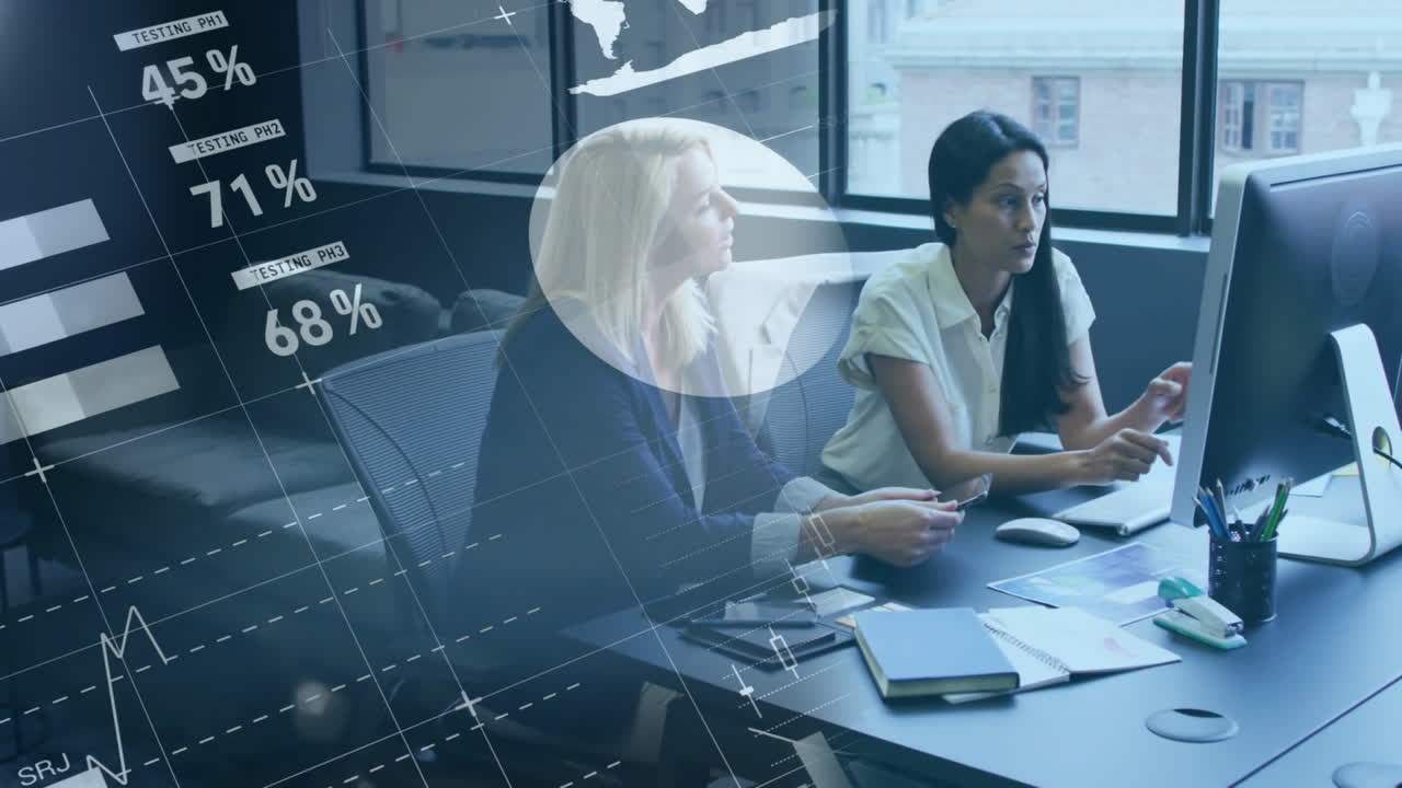 Animation of financial data processing over diverse business people in office