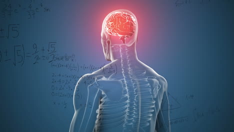 animación de ecuaciones matemáticas sobre el modelo del cuerpo humano girando contra un fondo azul
