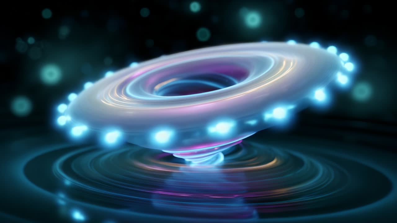 An ethereal, glowing vortex spins gracefully above shimmering water, surrounded by a halo of vibrant light. This stunning visual masterpiece captures the harmony of light and motion in an extraordinary display