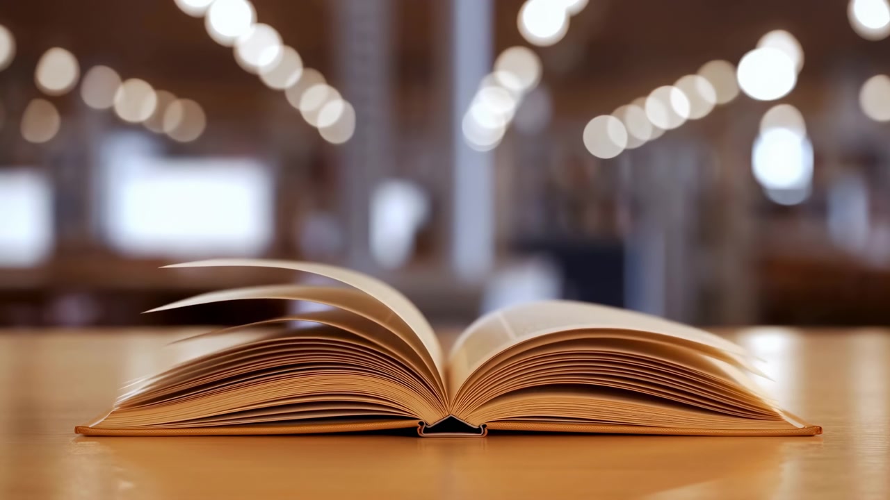 Libro aperto che poggia su una superficie di legno con pagine che si girano e svolazzano dolcemente in una calda luce bokeh interna, mostrando i bordi delle pagine stratificati, un'atmosfera di lettura calma e una delicata messa a fuoco superficiale con accoglienti tonalità beige