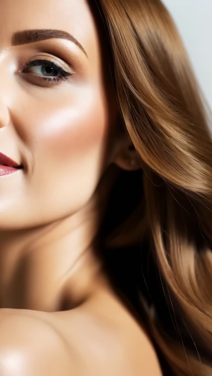 Close-up video of a woman's face, showcasing smooth skin and flowing hair