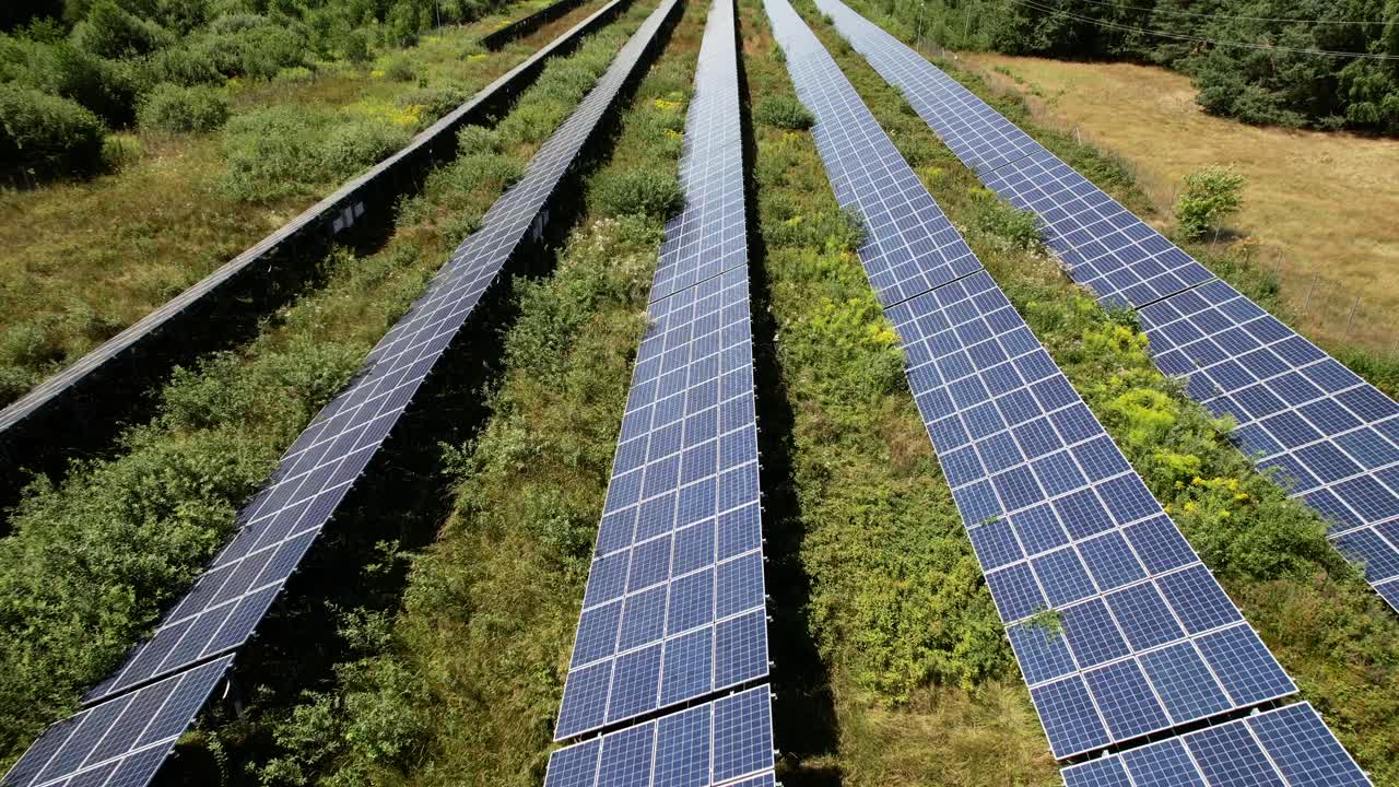взгляд с воздуха на электростанцию, солнечные фотоэлектрические панели посреди леса