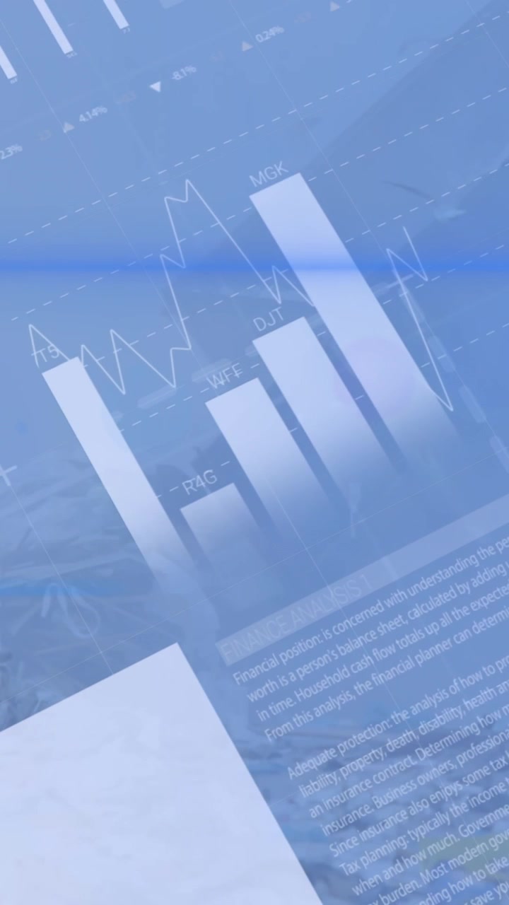 Animeret finansiel datavisning med diagrammer og grafer på blå baggrund